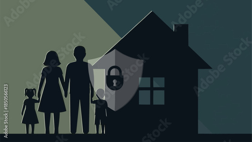 Family Protected by Shield with Lock Symbol in Front of House.
