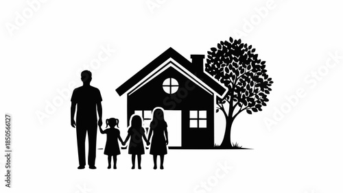 Family standing in front of their home with a tree.