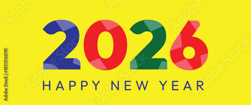 Vibrant 2026 happy new year colorful typography on bright yellow background