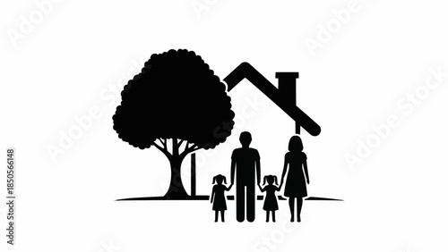 Family Silhouette Under A House And Tree Symbol.