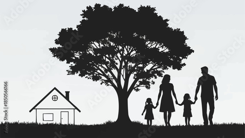 Family walking together in front of a house and tree.