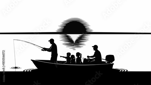 Family fishing boat silhouette at sunset with children and parents.