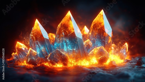 luminous blue crystal cluster emerging from molten orange fire and glowing embers on a dark rocky surface, evoking awe and intense otherworldly energy