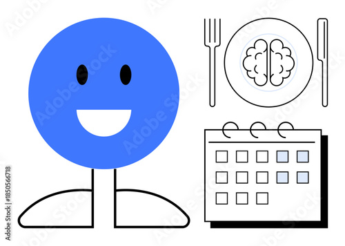 Blue smiling figure, brain dish with utensils, planner highlighting wellness, healthy lifestyle, mental clarity, time management, motivation, dietary mindfulness. Ideal for productivity focus