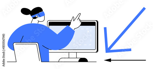 Virtual reality concept. Virtual reality through a person using a headset while interacting with a computer screen and digital interface. Virtual reality enhances learning, gaming, and design