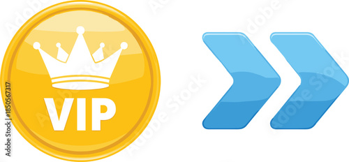 VIP gold badge icon with crown and blue arrow symbols set isolated on white background for premium membership, navigation, and user interface design