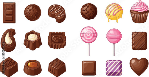 Chocolate and candy sweets collection featuring assorted chocolates, lollipops, cupcakes, and desserts illustrated in colorful realistic flat vector style
