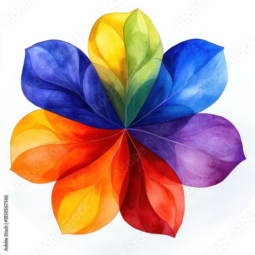Vibrant watercolor radial flower with translucent multicolored petals forming a harmonious abstract bloom on a clean white background, joyful and serene