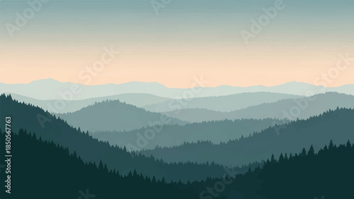 Serene layered mountain ranges fading into a soft, misty sky, evoking a sense of peace and vastness