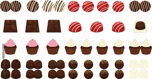 Assorted chocolate sweets and dessert collection with truffles, pralines, cupcakes, cream toppings, and candy pieces illustrated in detailed flat vector style