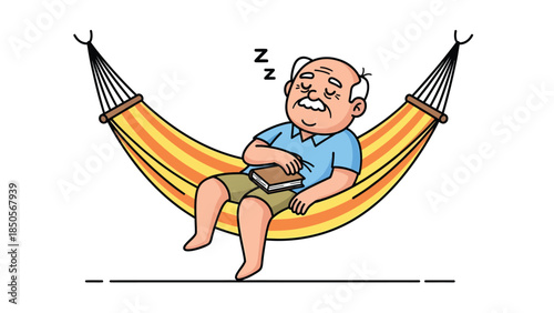 Senior Man Sleeping Peacefully in Hammock with Book