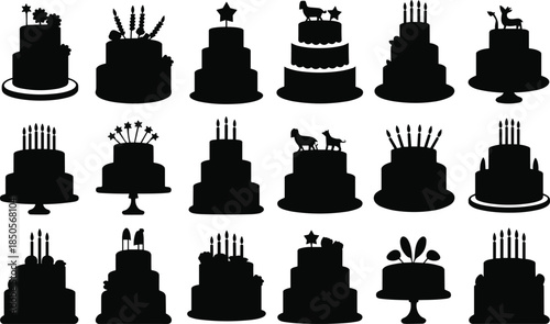Cake silhouette icons, black vector desserts, birthday cakes, celebration sweets, decorative toppers, layered treats, festive pastry set