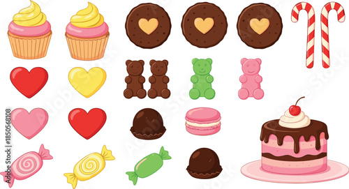 Cute sweet dessert collection with cupcakes, cookies, gummy bears, hearts, candies, macarons, chocolate sweets, and cake illustrated in colorful flat vector style