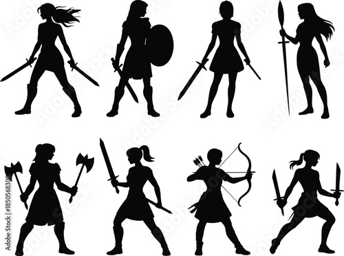 Female warrior silhouettes, black vector icons, combat poses, weapon styles, sword shield axe, battle clipart, fighter bundle, silhouette set, dynamic stance, heroic figure, warrior woman,