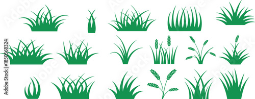 Grass and plant silhouettes, green vector icons, nature theme, blade shapes, foliage design, agricultural graphics, plant set, minimal style, silhouette pack, black artwork, grass collection