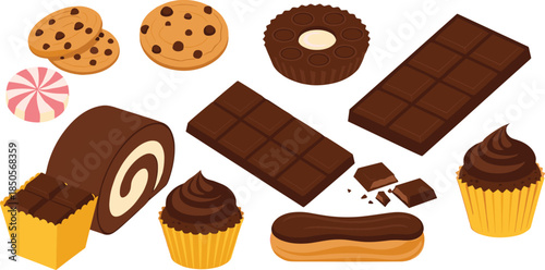 Chocolate dessert sweets collection with cookies, cupcakes, candy, chocolate bars, roll cake, and eclair illustrated in realistic flat vector style
