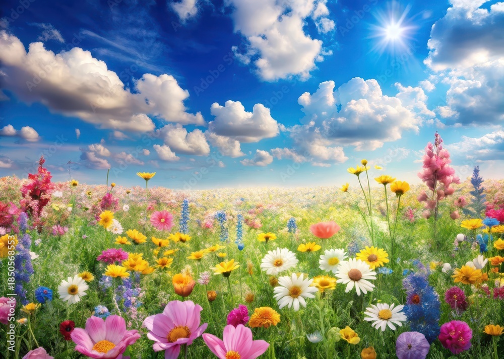 Fototapeta premium A lush meadow filled with vibrant spring flowers in soft pastel colors