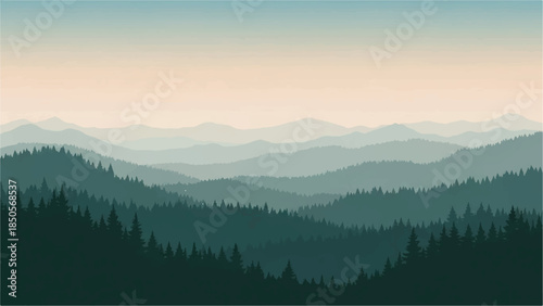 Panoramic view of rolling hills and distant misty mountains under a soft gradient sky