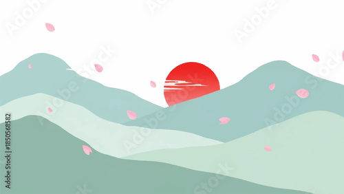 Tranquil vector illustration of a stylized mountainous scene featuring a prominent red sun and gentle pink cherry blossoms descending, embodying serene natural beauty