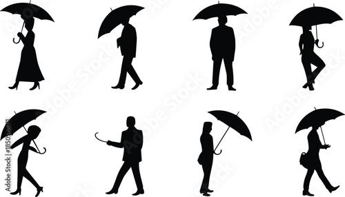 Umbrella silhouettes, people holding umbrellas, rainy day icons, walking poses, vector clipart, black graphic, weather illustration, human shape