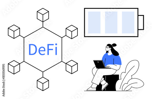 DeFi concept. Decentralized finance illustrated through blockchain network, battery icon, and remote worker. DeFi reshaping finance with technology and decentralization. Suitable for fintech