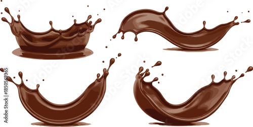 Realistic chocolate splash collection with liquid cocoa waves, drops, and dynamic flowing shapes isolated on white background for food design use