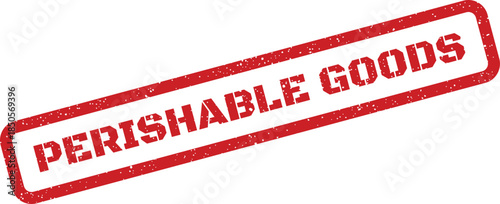 Distressed red rubber stamp displaying the phrase PERISHABLE GOODS for inventory and shipping notices