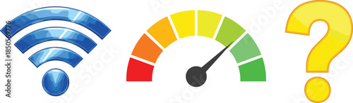 Internet connection speed and question mark icon set featuring wifi signal, performance gauge, and help symbol illustrated in glossy flat vector style