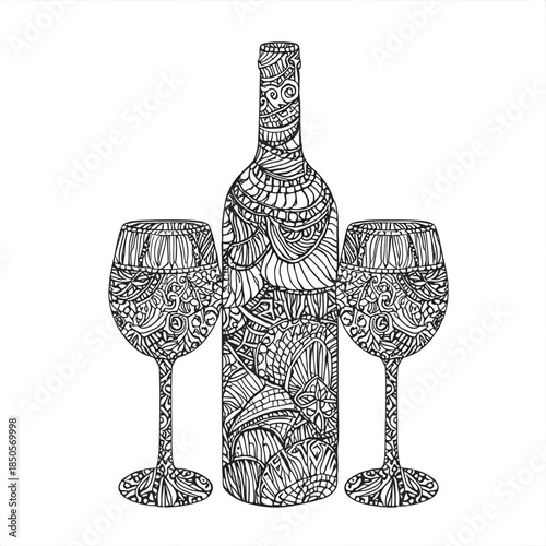 Hand Drawn Wine Bottle and Glass Illustration