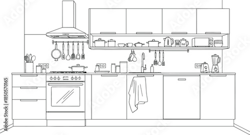 Architectural line art sketch of a modern kitchen interior featuring a stove, oven, cabinets, and organized cooking utensils