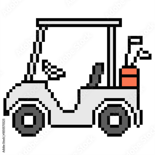 Pixel golf cart vector for sports games and club maps. Ideal for illustrating transport, leisure activity, caddy vehicles, and retro golfing fun.