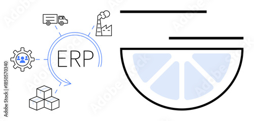 ERP system highlighted with gear, factory, truck, and product box icons, emphasizing process flow. Ideal for logistics, operations, supply chain integration efficiency management. Simple flat