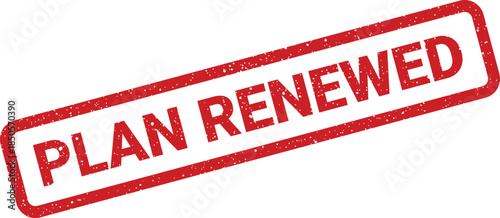 Distressed red rubber stamp impression showing the words PLAN RENEWED in bold capital letters for subscription confirmation
