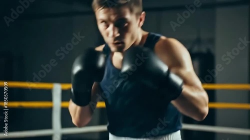 Focused young male boxer shadowboxing in the ring with black gloves practicing punches during gym workout session