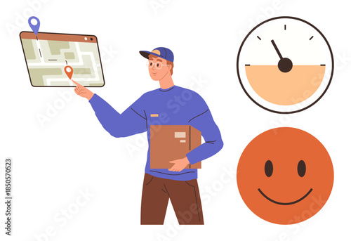 Courier holding parcel, pointing at route on map interface with location pins, speedometer, smiling face. Ideal for delivery, logistics, customer service, technology, efficiency time management