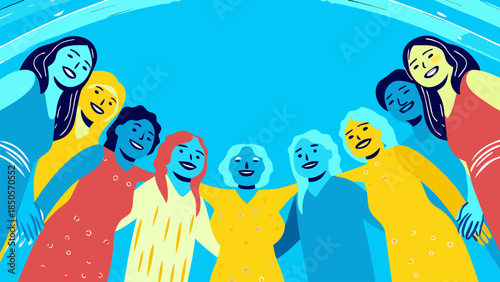 Women embracing diverse group in joyful unity Vector
