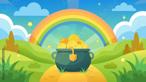 Pot of gold at end of rainbow Vector