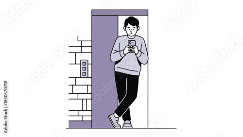 Young Man Leaning Against Wall Using Smartphone Waiting for Elevator Modern Flat Illustration