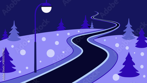 Winter night road with street lamp Vector