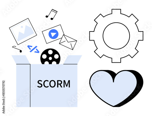 Digital education, e-learning tools, SCORM implementation, online content distribution, training platforms, learning systems. Box with multimedia content, gear heart icon. Digital education