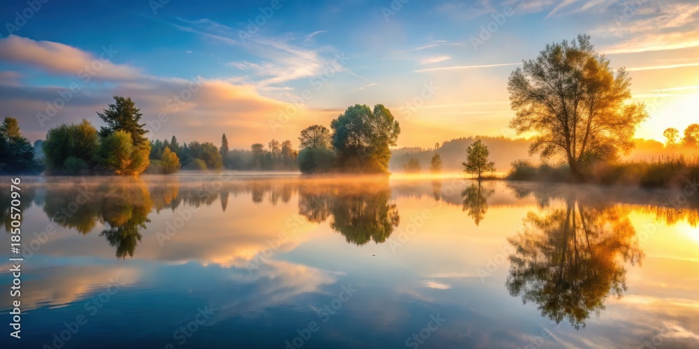 Obraz premium Serene lake scene at sunrise with mist rising from water surface and surrounding trees reflected in lake's calm surface