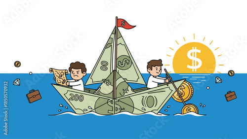 Navigating Financial Seas Cartoon Businessmen Sail a Money Boat Towards Wealth Sunrise