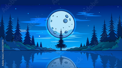 Moon reflecting over forest lake at night Vector