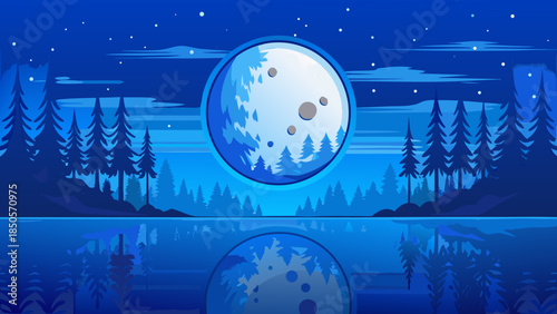 Moon over forest lake at night Vector