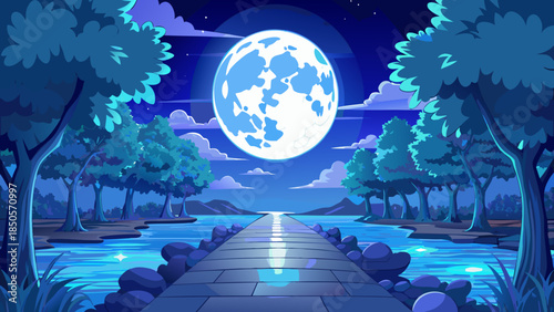 Moon path in night landscape Vector