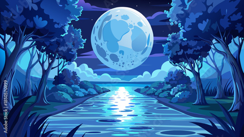 Moon reflection in a night forest river Vector