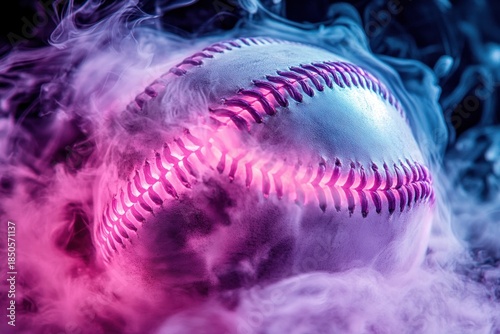 Close-up of a leather baseball wrapped in swirling pink and blue smoke with dramatic neon lighting, moody and intense atmosphere