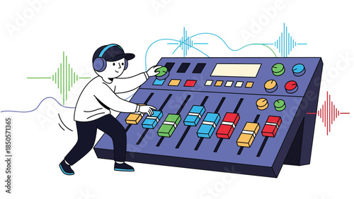 Young Sound Engineer Adjusting Audio Mixer Board with Equalizer Waves Music Production Concept