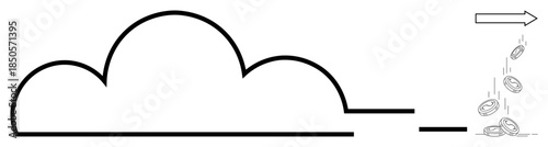 Cloud computing, digital economy, financial technology, data storage, transaction flow, innovation. Outline of a cloud releasing coins with a directional arrow. Cloud computing and digital economy