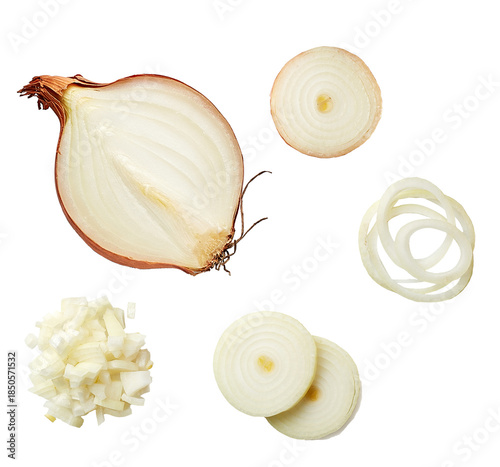 captivating photograph showcasing a sliced yellow onion with rings and diced pieces artistically arranged against a black backdrop, emphasizing culinary versatility.